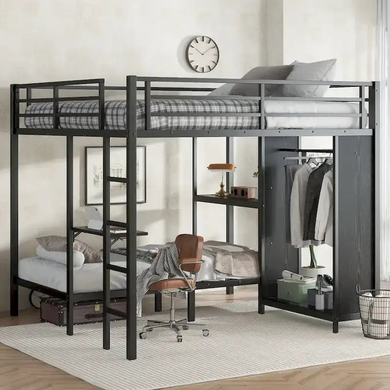Struttura letto a castello King su Twin XL con armadio integrato e scrivania pieghevole, nera