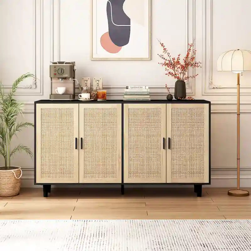 Mobile Contenitore a 4 Ante in Rattan con Piedini in Legno Massello