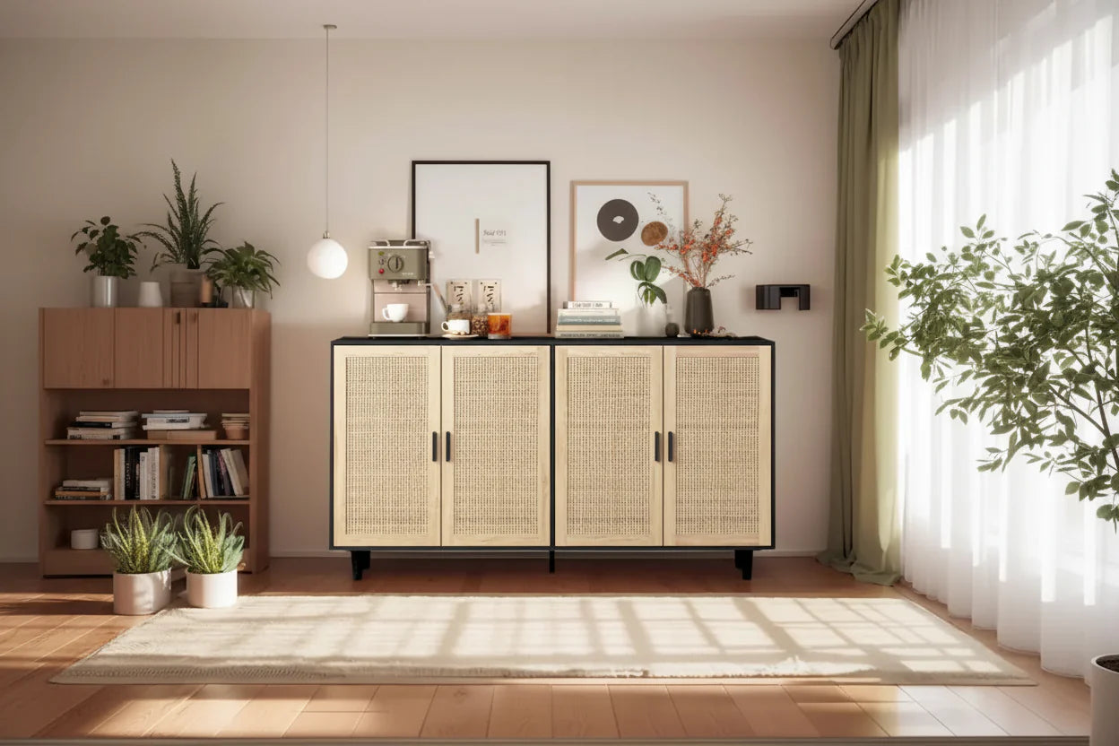Mobile Contenitore a 4 Ante in Rattan con Piedini in Legno Massello