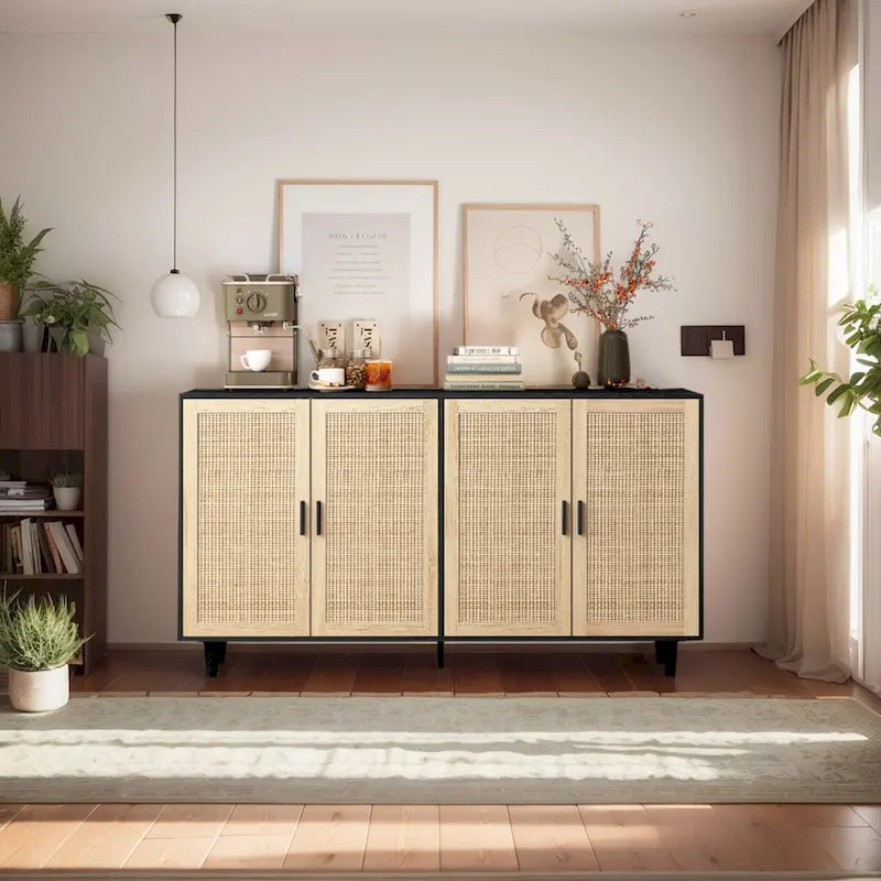 Mobile Contenitore a 4 Ante in Rattan con Piedini in Legno Massello
