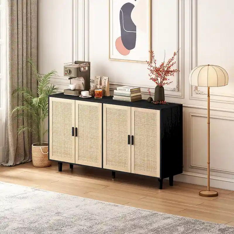 Mobile Contenitore a 4 Ante in Rattan con Piedini in Legno Massello