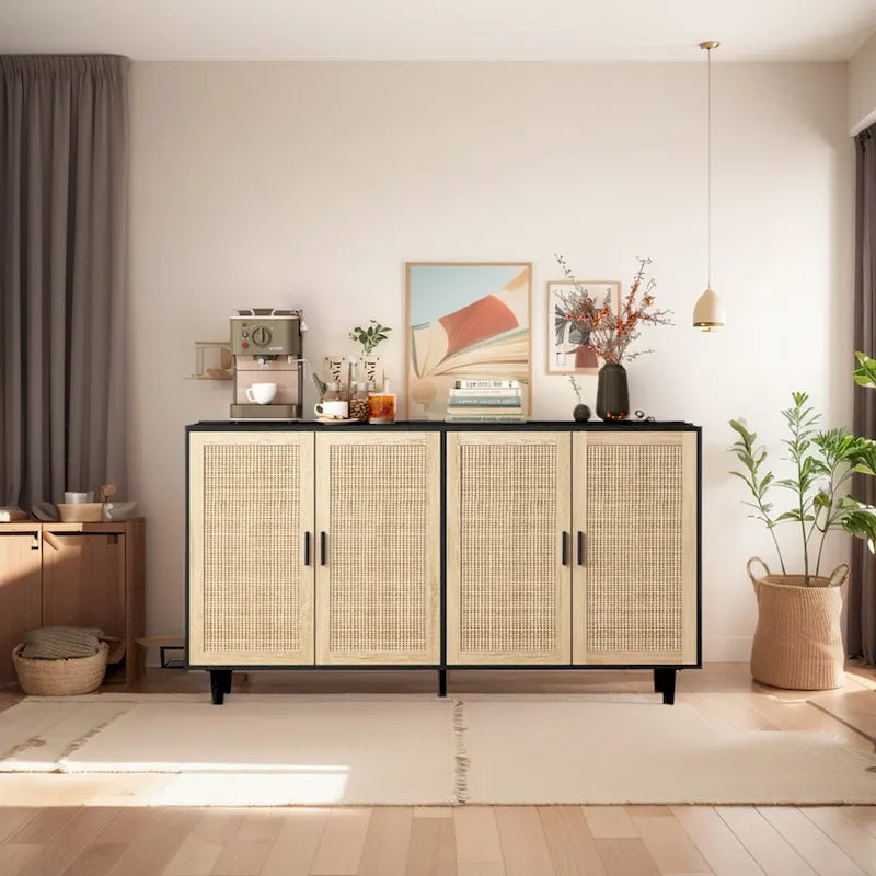 Mobile Contenitore a 4 Ante in Rattan con Piedini in Legno Massello