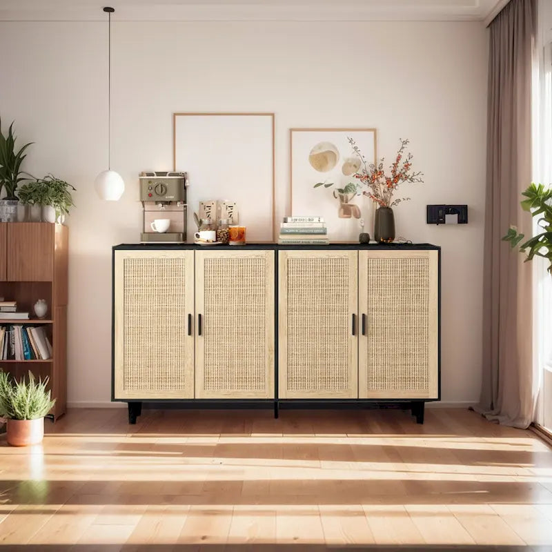 Mobile Contenitore a 4 Ante in Rattan con Piedini in Legno Massello